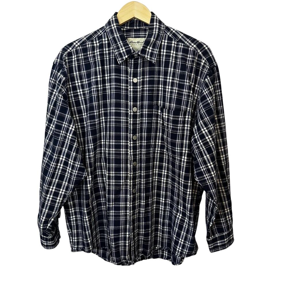 Eddie Bauer Heavy Thick Mens Shirt 100% Cotton Large Blue White Plaid Pocket VTG
